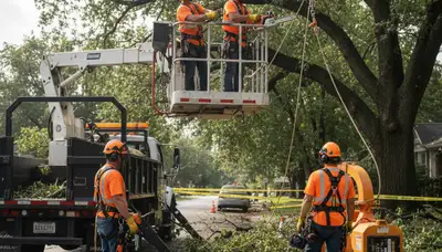 Emergency tree service crew removing storm-damaged tree in Wellesley, MA