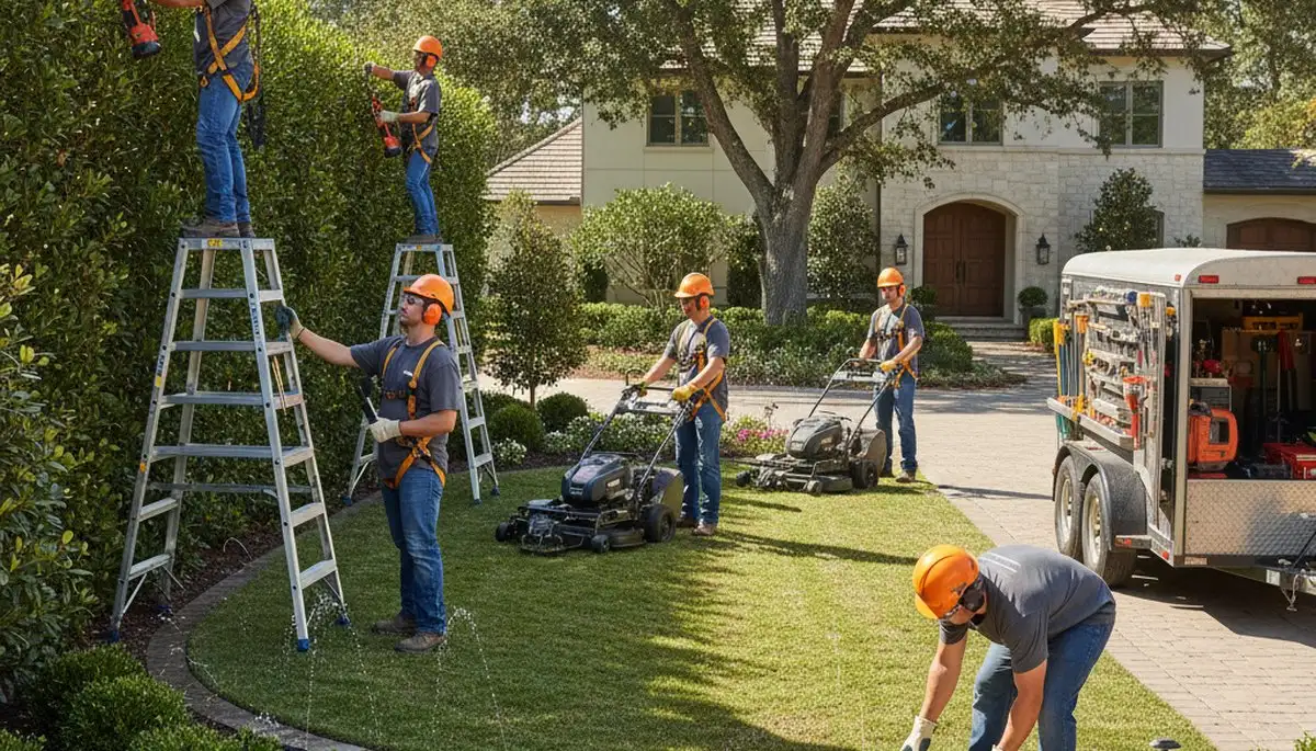 Landscape crew shaping beds and managing overgrowth for Wellesley, MA tree care services