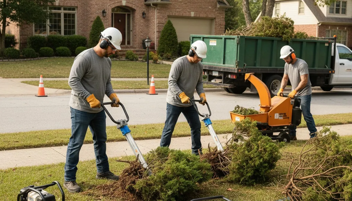 Arbor Tree Care removes overgrown shrubs at a Wellesley, MA home during shrub removal service