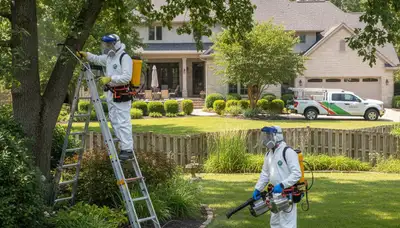 Tick control technician treating a Wellesley, MA yard to reduce tick risk around home and pets