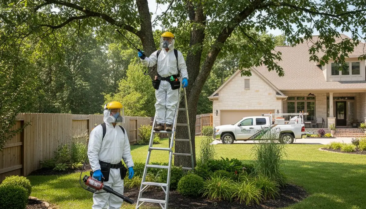 Tick control technician treating a Wellesley, MA yard to reduce ticks around the home