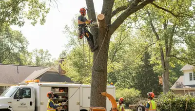 Wellesley, MA tree removal crew safely removes a hazardous tree on a residential property