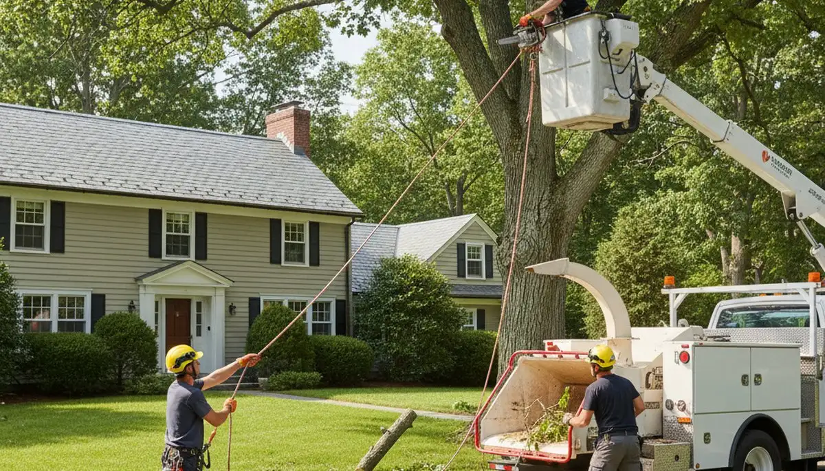 Tree service crew in Wellesley, MA handling professional tree care for local properties