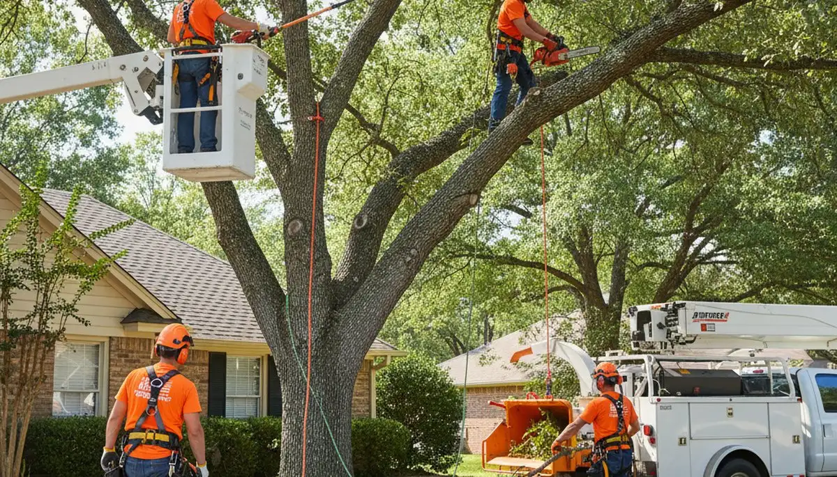 Tree service crew trimming trees in Wellesley, MA for safer, healthier growth